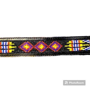 Black Beaded Tooled Leather Belt Native American Inspired Colorful Triba…